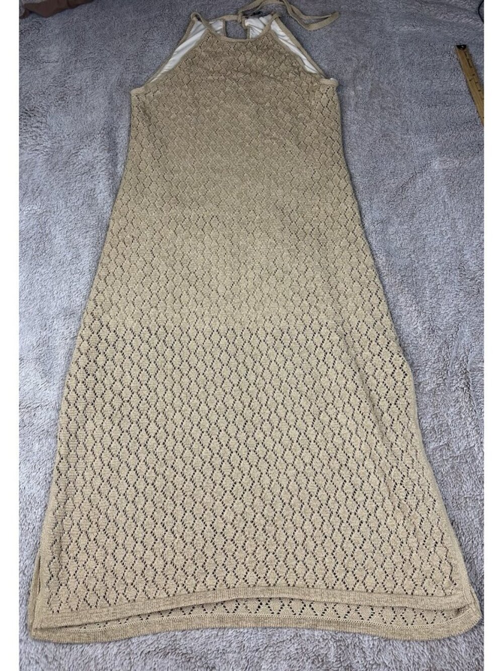 Boston Proper Crochet Knit High Neck Maxi Beach Sundress Dress Tan Costal Sz XL - Picture 3 of 12